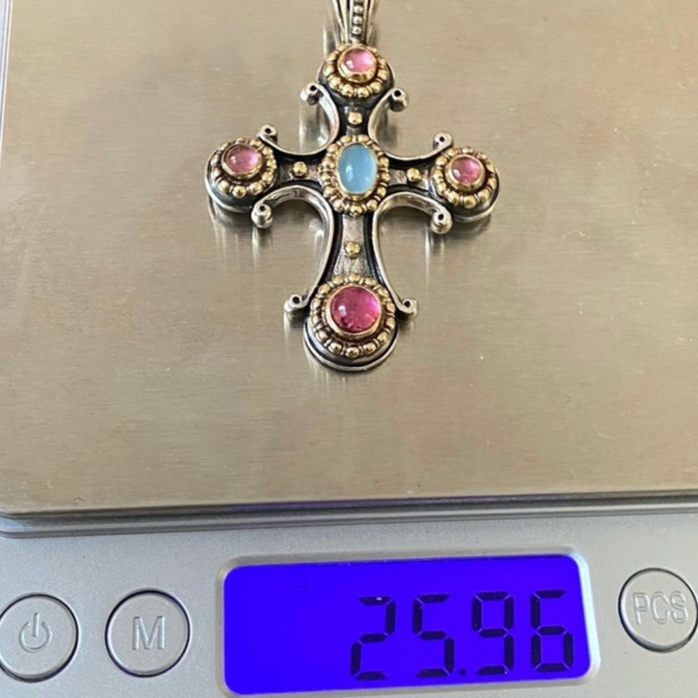 Konstantino Cross Pink Tourmaline and Aquamarine Gems - Picture 11 of 11